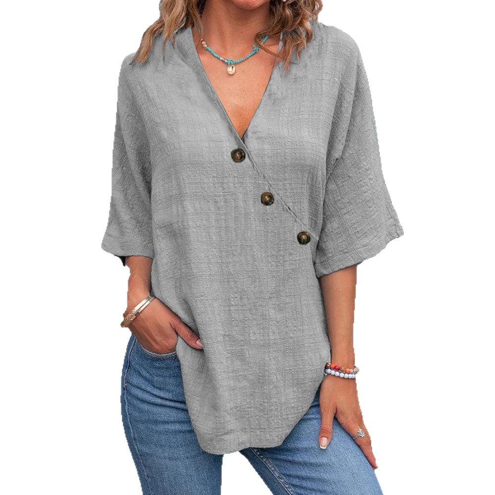 2025 Summer Women's Solid Color Cotton Linen Button-Up Top - European American Style
