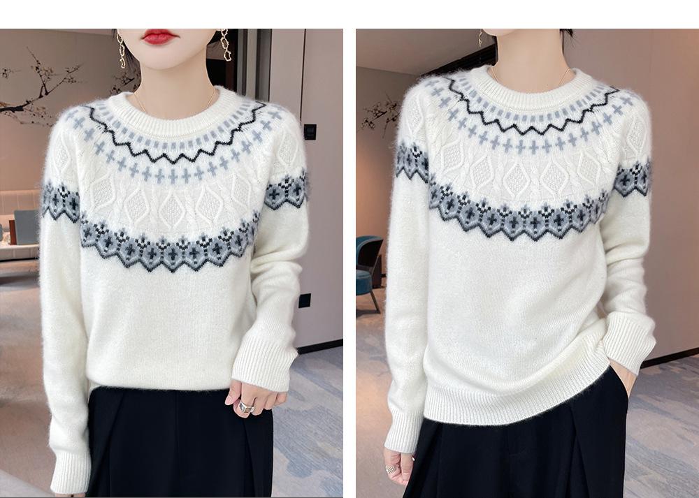 Women's Pure Wool Fair Isle Sweater - Round Neck, Long Sleeve, Loose Fit Knitwear
