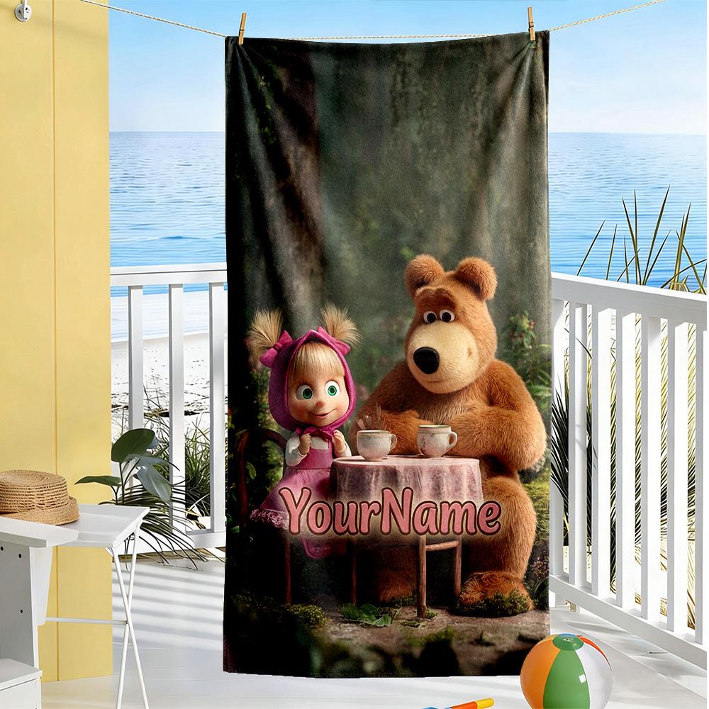 Masha Bear Customize Text Beach Towel Soft Durable Quick-Dry For Beach Bathroom Outdoor Swimming Pool Camping Picnic Yoga Diving Vacation Accessories
