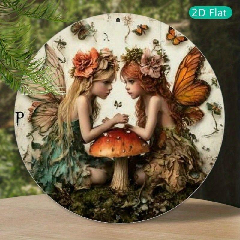 Metal Poster Wall Art, Retro Mushroom Fairy, 20x20 cm Round Home Decor