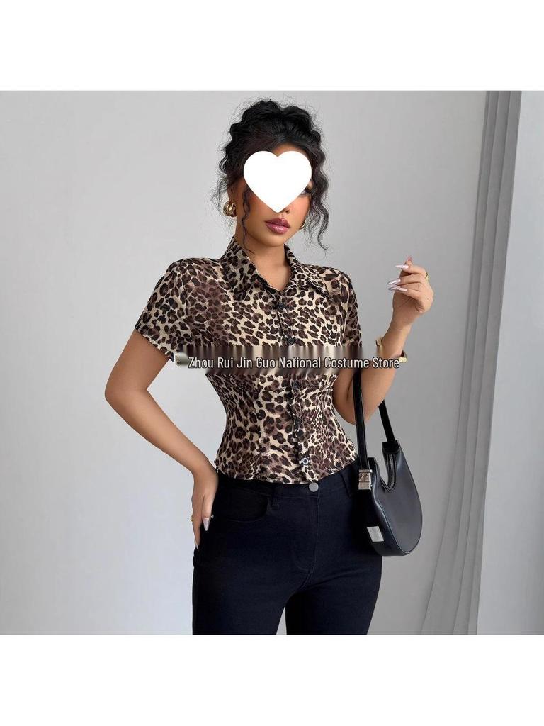 2025 Summer Women's Slim Fit Leopard Print Short-Sleeve Fashion Shirt