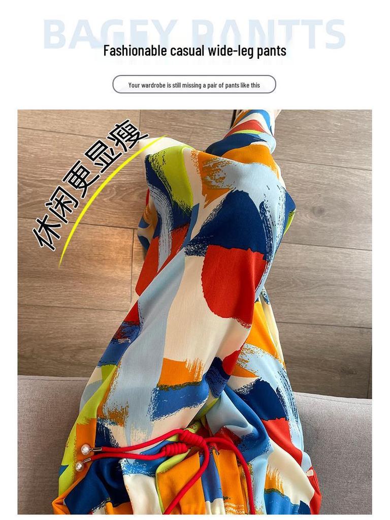 Plus Size Women's High-Waisted Tie-Dye Wide-Leg Summer Pants - Ice Silk, Slimming, Casual, Loose, and Draping.
