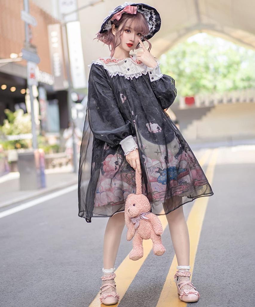 Milky Time Gothic Lolita Dress, Long Sleeve, Black Chiffon, Sheep Print, Cosplay Costume, Women's, Medium
