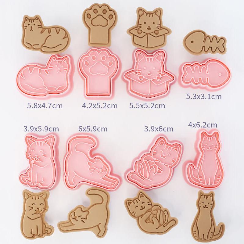 8Pcs/Set Cat Cookie Cutters Plastic 3D Cartoon Pressable Biscuit Mold Cookie Stamp Kitchen Baking Pastry Bakeware Tool