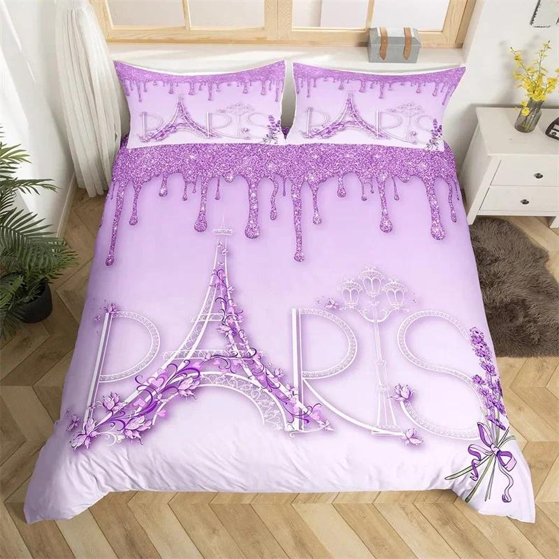 Paris Duvet Cover Set Eiffel Tower Bedding Set Queen Polyester Romantic French Flower Quilt Cover For Girl Teen Women Room Decor