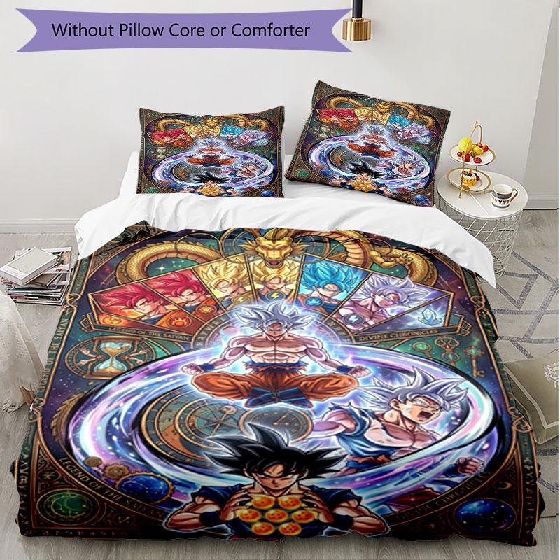 Set cuvertură de pilota 3 buc (1 * Husă de pilota + 2 * Față de pernă, Fără Miez), Set de așternut moale cu imprimeu Dragon Ball pentru toate anotimpurile, Cadou pentru decorarea dormitorului de acasă