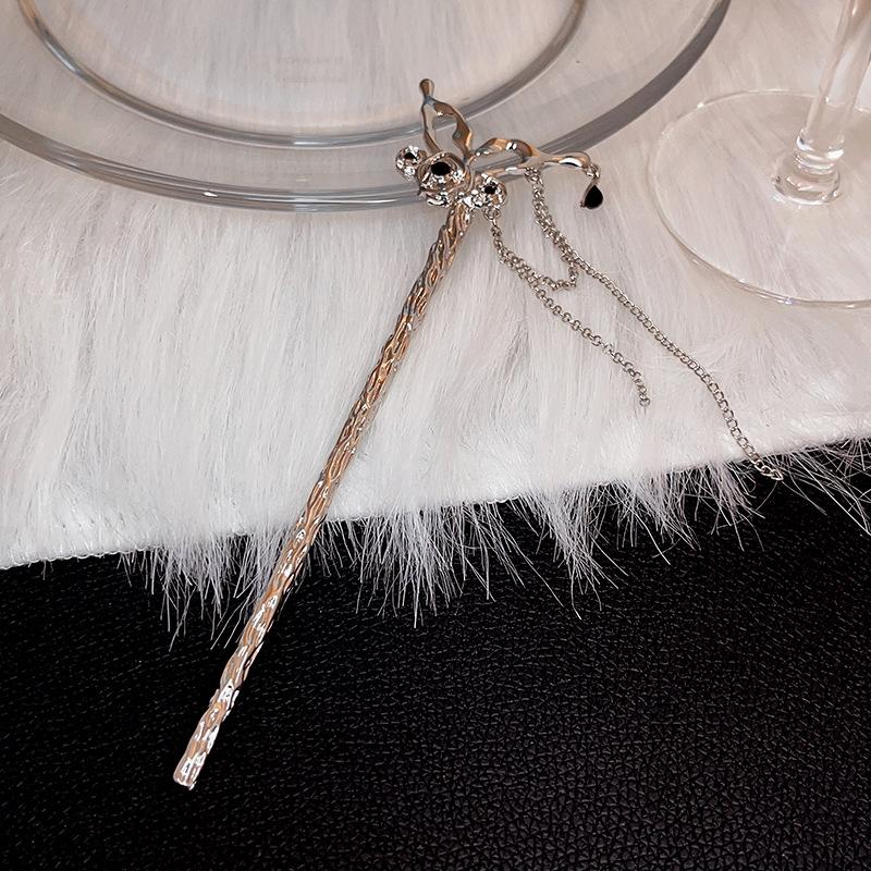 National Tide New Chinese Hairpin Liquid Metal Butterfly Hairpin Crescent Set Diamonds Vintage Bamboo Joints Tassel Hairpin Coiffure Hairpin