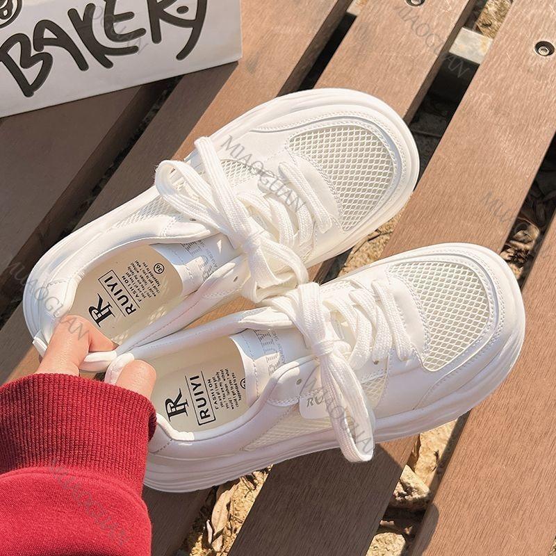 Fashion New Summer Round-toe Lace-up Casual White Thick-soled Vulcanized Shoes Comfortable Flat-soled Fashion Mesh Sneakers for Women