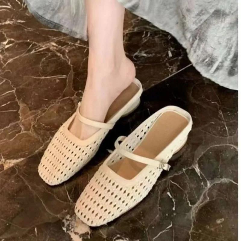 Fashion Heightened Hollow Baotou Half Slippers Women's Summer Wear Casual Woven Sandals Sandals Beach Sandals