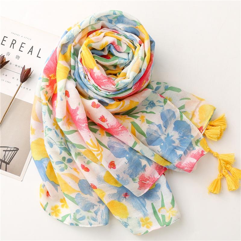 Luxury Viscose Scarf Women Ventilate Designer Shawl Cotton Linen Tassel Pashmina Muslim Hijab Wrap Floral Foulard