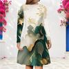 Women Plus Size V Neck Long Sleeve Blue Gold Printed A Line Dress