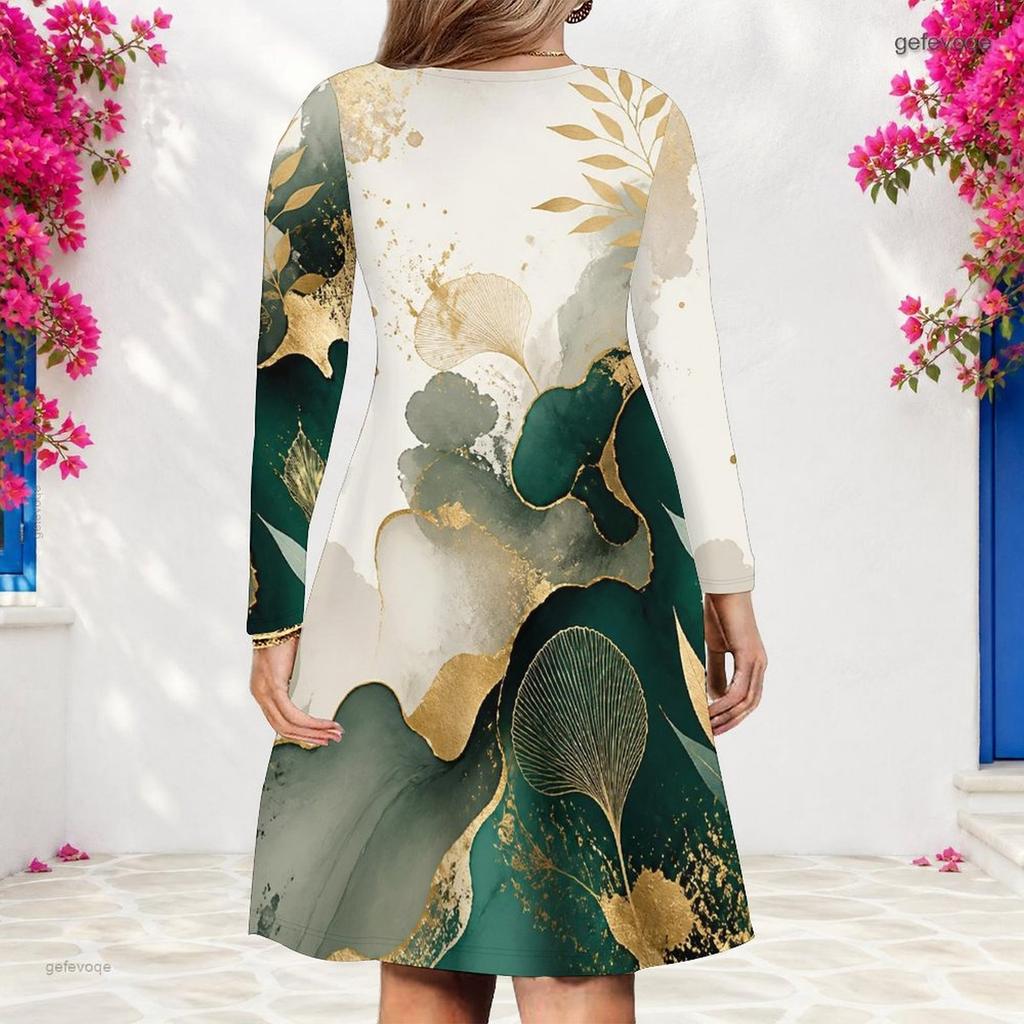 Women Plus Size V Neck Long Sleeve Blue Gold Printed A Line Dress