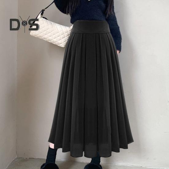 Women Skirt High Waist Pleated Loose Solid Color Elastic Waist Soft Double Layered Mid Calf Length Lady Prom Party Daily Midi Skirt