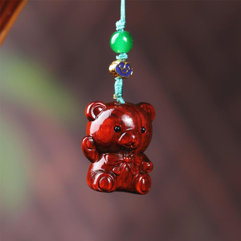 Green and Purple Sandalwood Teddy Bear Carving Phone Pendant and Bag Accessory
