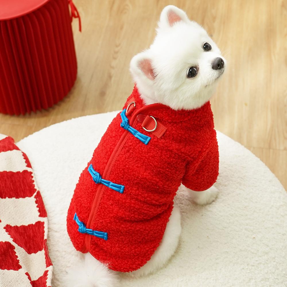Chinese Style Qipao Pet Coat for Small Dogs - Red Sherpa Dog Jacket with Frog Buttons (Lucky Festive Design)