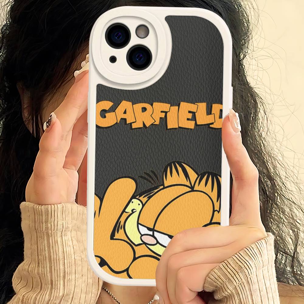 Cute Cartoon G-garfield Cat Leather Phone Case For IPhone 16 16e 15 14 13 12 11 Pro Max Plus Mini Cover