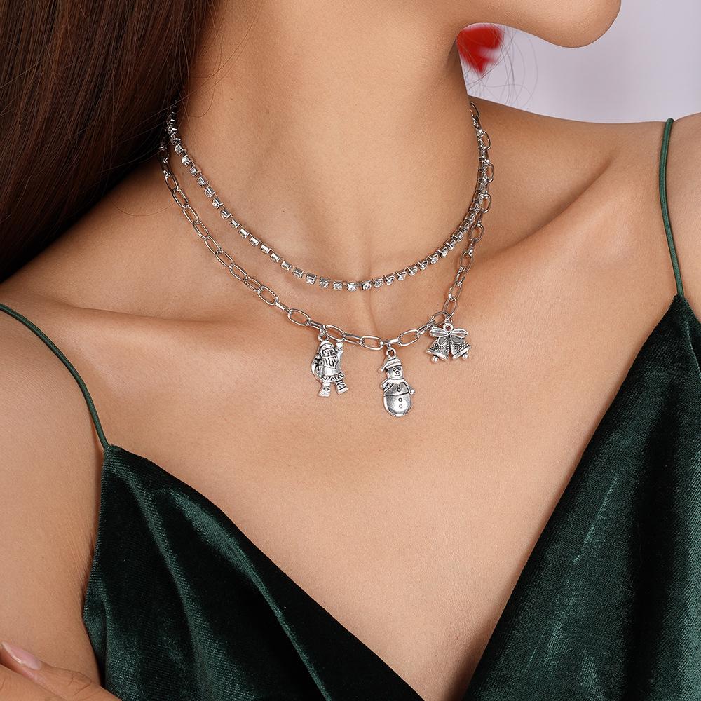 Vintage Santa Claus Snowman Rhinestone Choker Necklace