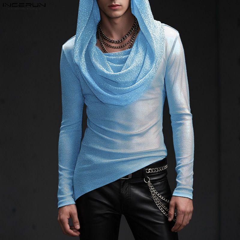 INCERUN Men Long Sleeve Mesh Sheer Lace Glitter Casual Hooded Ruffled Tops T-shirts