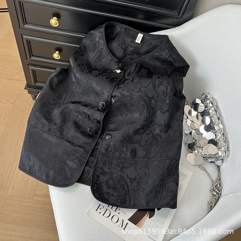 

2025 новый ретро жилет с открытым жаккардом и круглым вырезом, классический темперамент, маленькая кофта на пуговицах XXXL [Recommended 138-75kg] чёрный