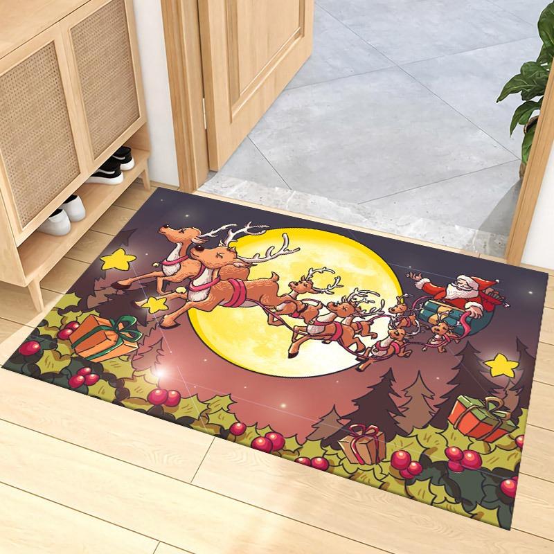 Christmas Santa Carpet Mat Rug Tree Home Decoration Festive Entryway Decor Floor with Snowman Reindeer Merry Christmas Design