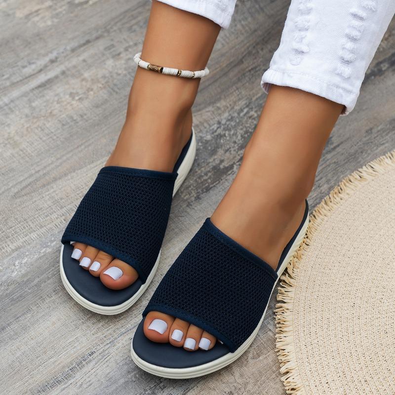 Flat Bottom Slippers Women Summer Round Head Mesh One Word Outer Wear Breathable Casual Sandal Slippers