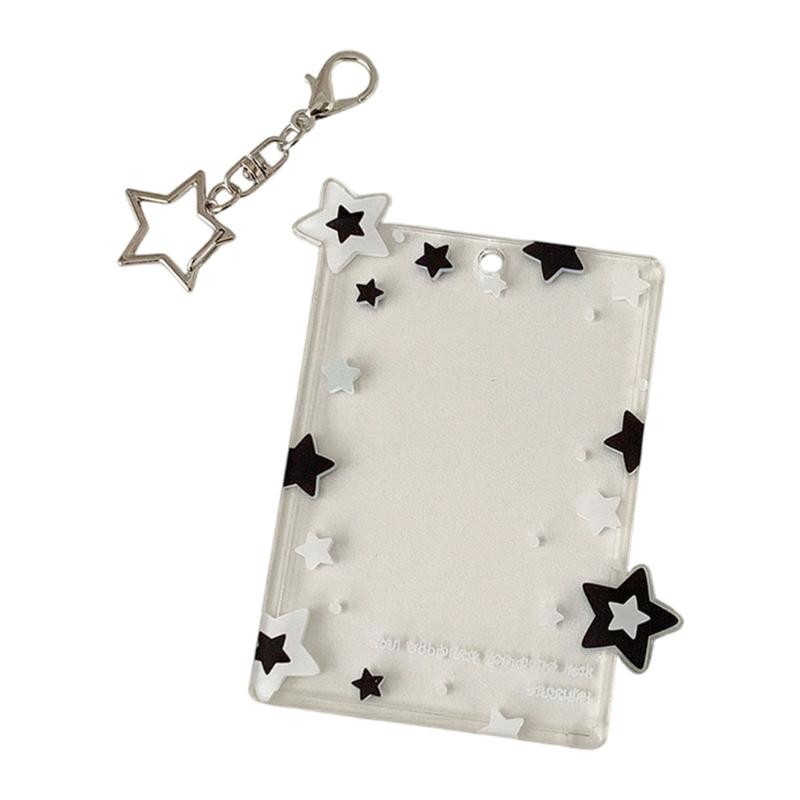 Star Print Photo Card Case with Keychain Clip 3Inch Photo Protectors Waterproof Acrylic Card Covers for Badges Photos