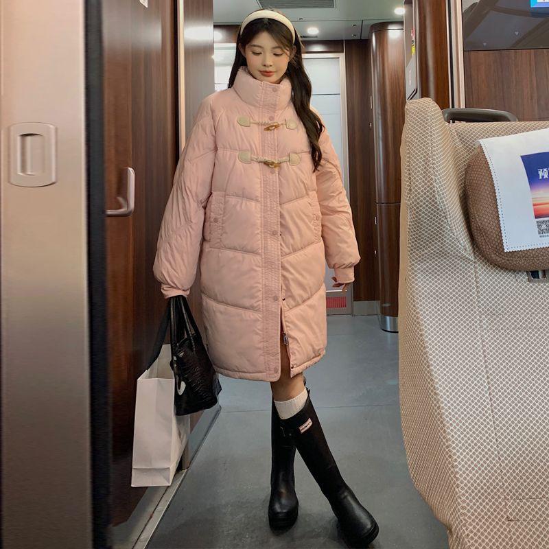 Horn Button New Cotton Coat, Down Cotton Coat, Women's Winter Coat, Small Person's Cotton Coat, Loose Thickened Medium and Long Style