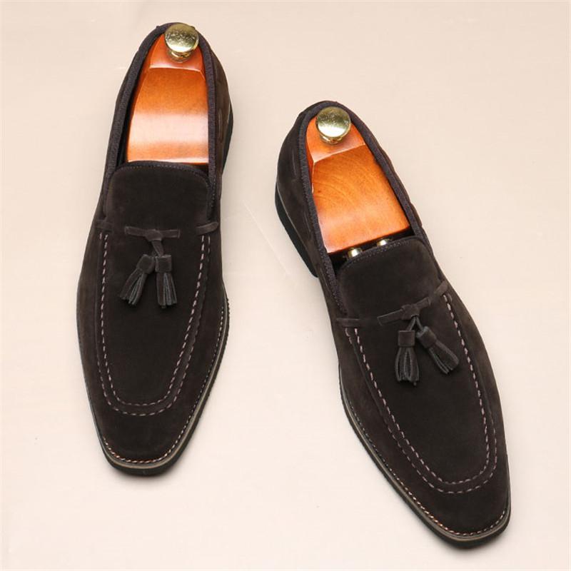 High Quality Tassels Loafers New Men's Pointed Suede Leather Shoes Male Designer Formal Wedding Prom Dress Homecoming Footwear