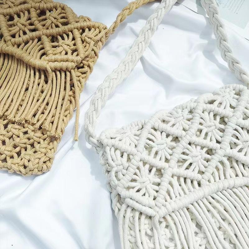 Handmade Cotton Woven Knitted Tassel Crossbody Bag Vintage Shoulder Messenger Bag Female Fashion Beach Summer Handbags for Women