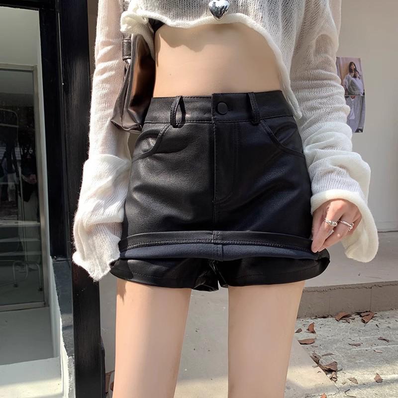 Women's Coffee-Colored PU Leather A-Line Mini Skirt, Petite, High-Waisted, Textured, Hip-Hugging, Autumn Style.