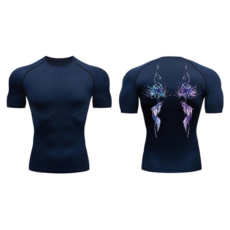 Blossom Print Short Sleeve Compression Tee Shirts Men Summer Athletic Quick Dry T-shirts Fitness Gym Workout Running Sporty Tops