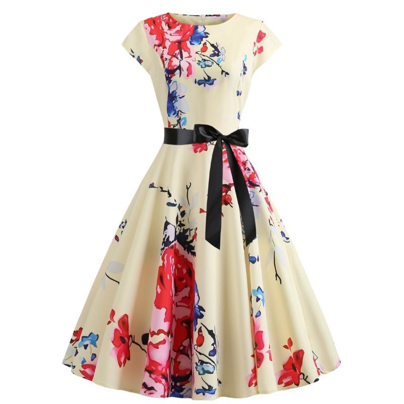 

Летнее винтажное женское платье с круглым вырезом, рукавами-фонариками и цветочным принтом XXL абрикосовый