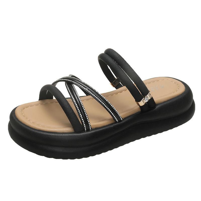 Two women wearing slippers, new summer wear versatile and beautiful rhinestones with skirts, thick-soled slippers women