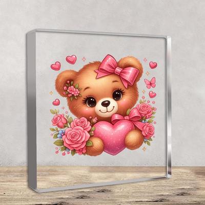 Cute Bear Figurine with Pink Heart & Roses - Collectible Desk Decor, Adorable Kawaii Gift for Women, Office & Bedroom Decoration