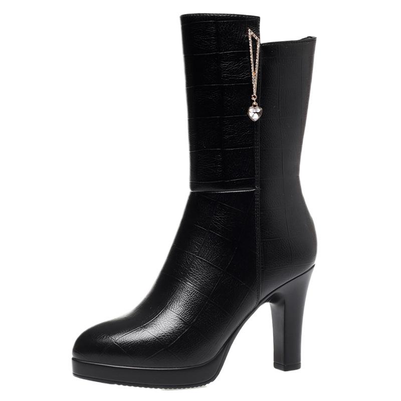 7cm 9cm Fashion Comfortable Soft Leather Boots Platform Shoes Winter 2025 Mid Calf Block High Heels Fur Plush Boots Office Mom