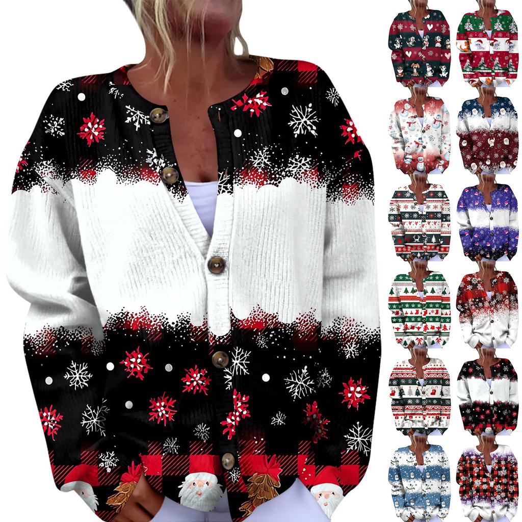 Women's Fashion Christmas Printed Long Sleeve Knitted Cardigan Button Down Jacket