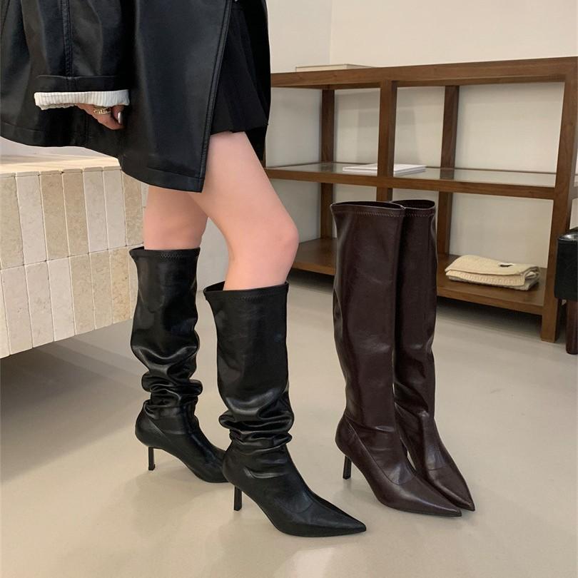 Long Boots Women's Big Tube Circumference Black High-heeled European and American Style High Boots 2025 Winter Pointed-toed Thin-heeled Knight Stackin