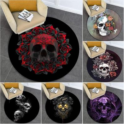 Skull Gothic Circular Rug Office Decorative Carpet For Living Room Bedroom Door Mat Floor Rug Computer Chair Area Rug Viking Theme Decor