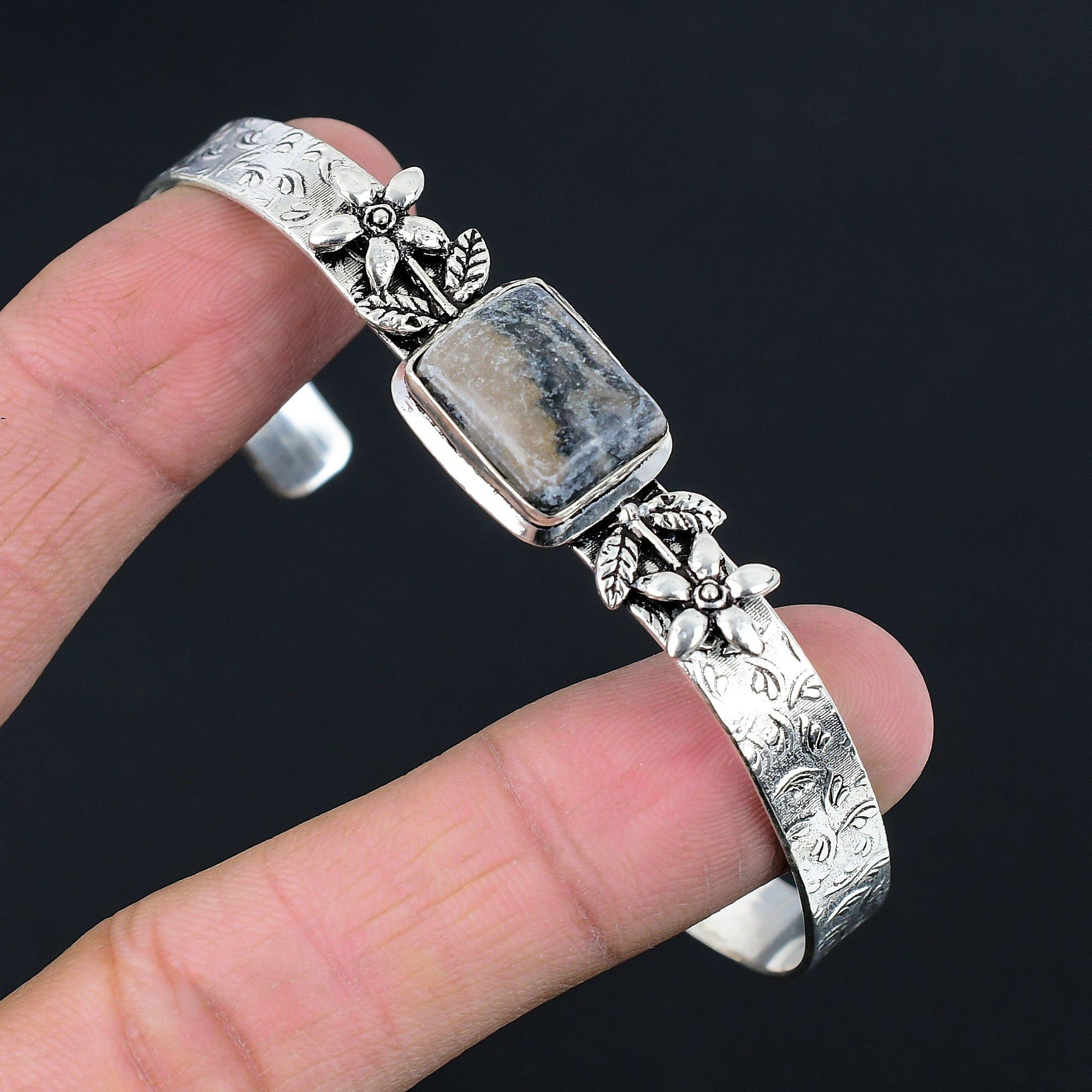 

Sterling Silver Natural Spider Web Jasper Flower Engagement Wife Bangle Bracelet Adjustable