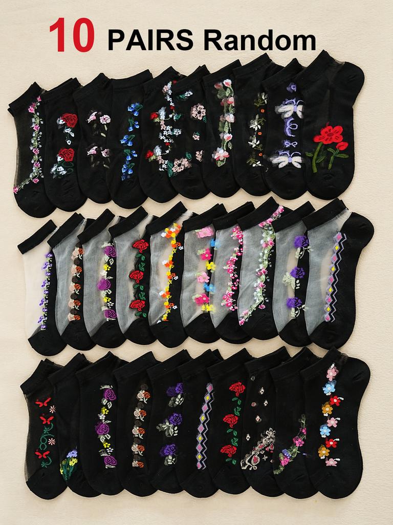 10Pairs Women Sheer Socks Summer Ruffle Thin Cool Socks See Through Silky Lace Ankle Cute Socks Stocking