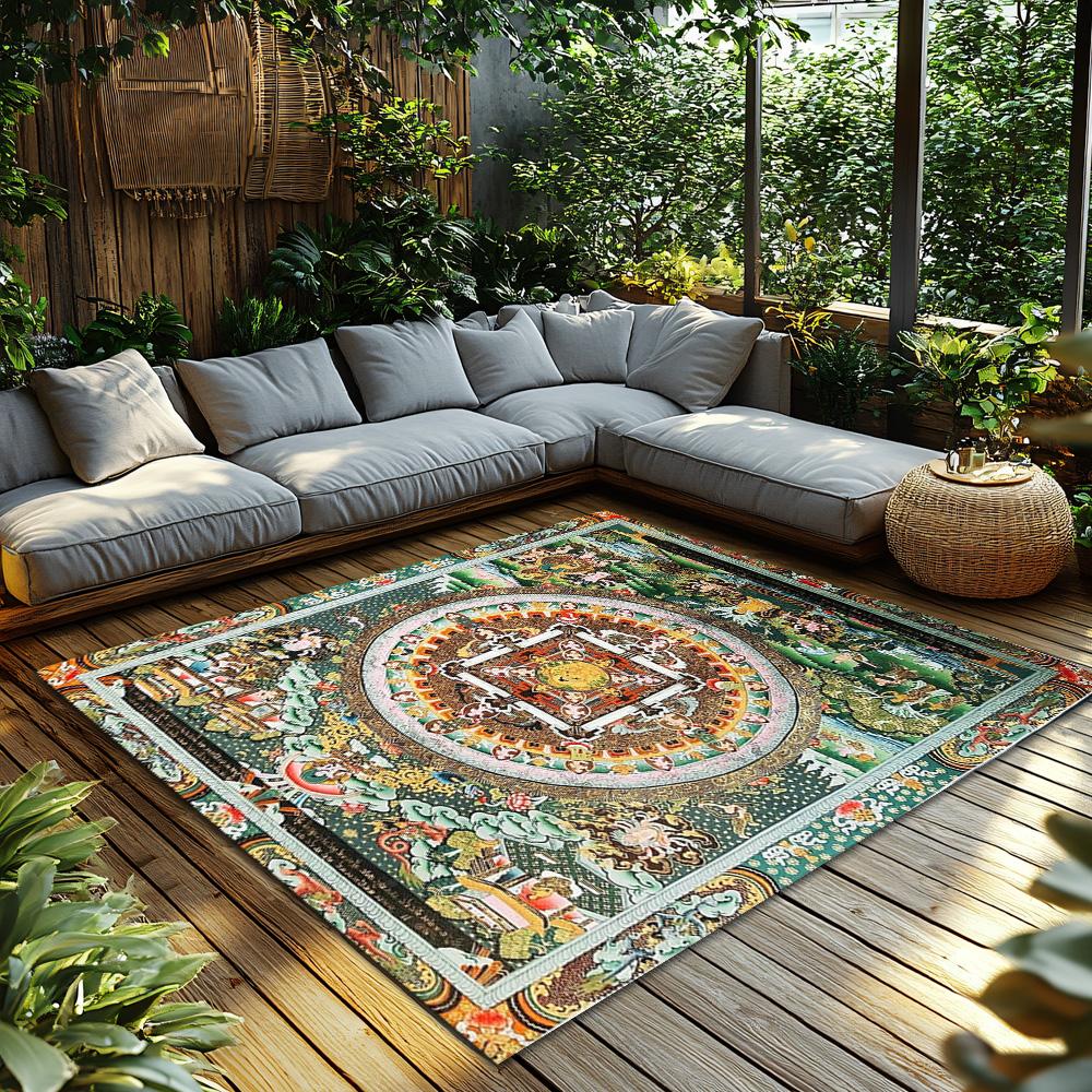 Tibetan Mandala Area Rug Intricate Buddhist Art Floor Mat Spiritual Home Decor Meditation Room Carpet Zen Design Detailed Patter