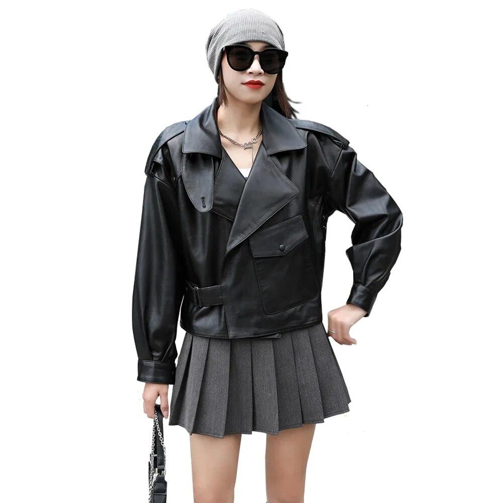 

Модна м яка жіноча дублянка з натуральної шкіри оверсайз коротка весна осінь L колір чорний шкіряний піджак