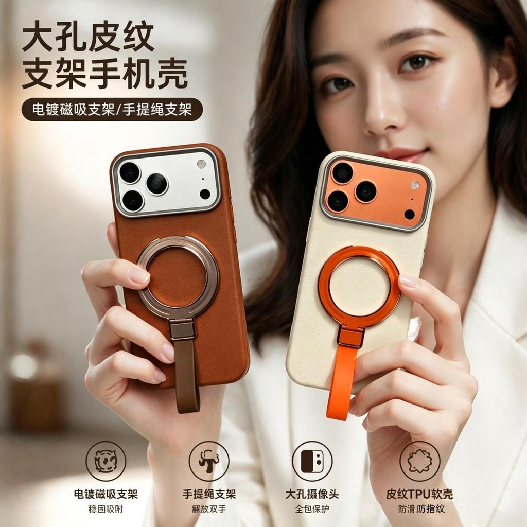 Premium sense business application iPhone18 portable rope magnetic suction bracket mobile phone case Apple 17promax leather pattern case