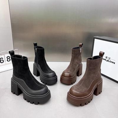 Lente en Herfst Nieuwe Stijl Kleurblok Dikke Zool Dikke Hak Verhoogde Hoogte Ronde Neus Korte Laarzen Hoge Hakken