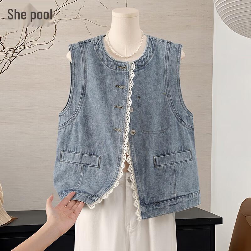 

Shechi Women s Lace-Trim Patchwork Denim Vest L