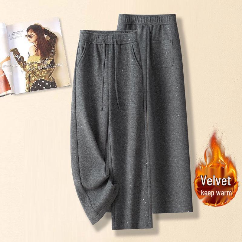 

Women s Gray Sequin Velvet Wide-Leg Trousers: Winter Warm, Casual, Thickened, Straight-Leg Fit 30/2XL