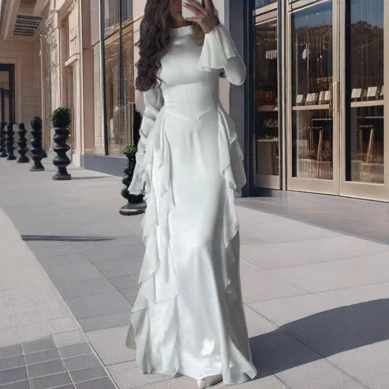 Frühling Europäische und Amerikanische Damenbekleidung Rundhals Trompetenärmel Temperament Hohe Taille Spleißband Kleid