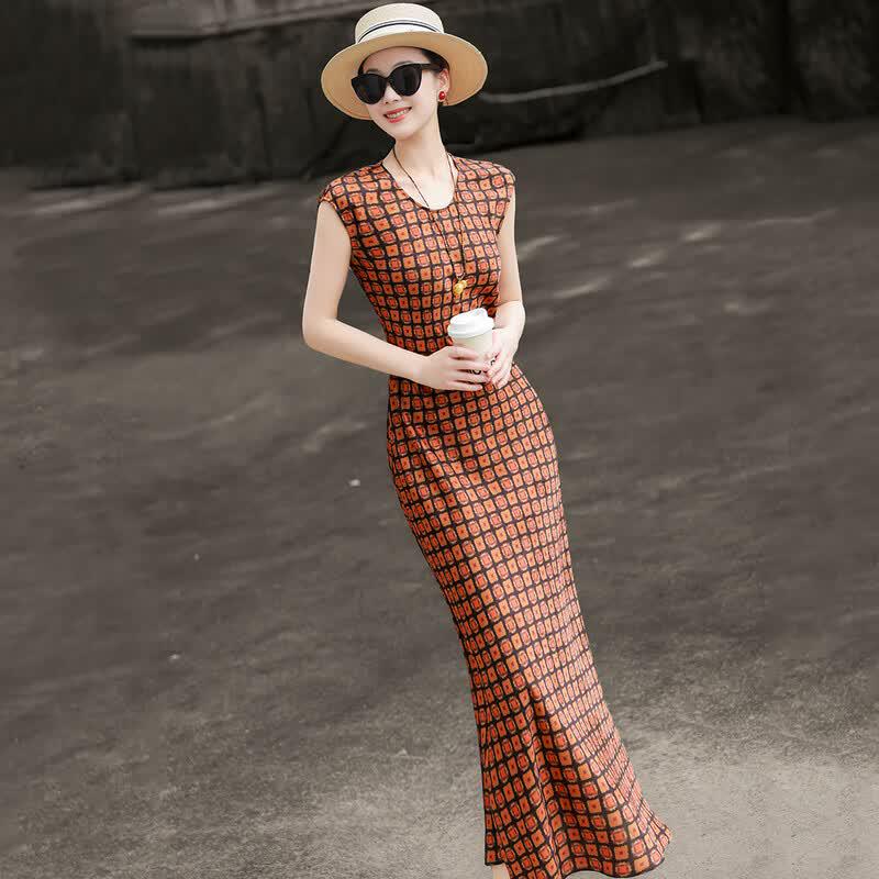 French Style Retro Plaid A-Line Sleeveless Midi Dress M