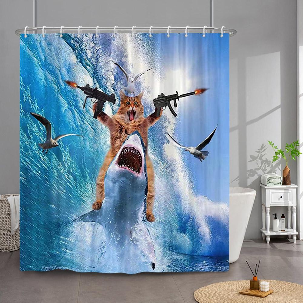 Cortina de Ducha de Gato Divertida Linda Genial Gatito Montando Ballena Dibujo Animado Animal Ola del Océano Cortina de Baño para Niños Impermeable con Ganchos