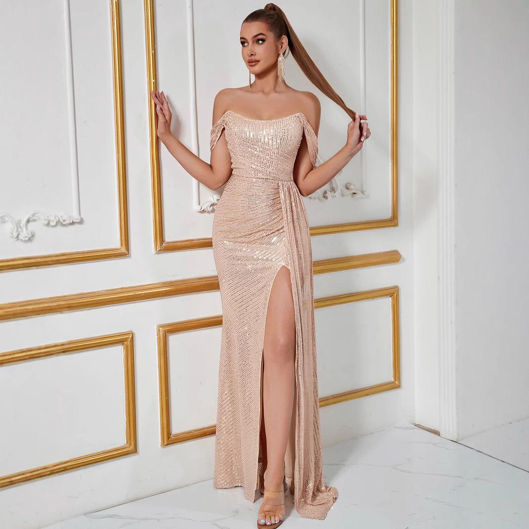 Hot-selling bead tube top tight dress, sexy stitching thin flash high split prom party evening dress XS абрикосовый